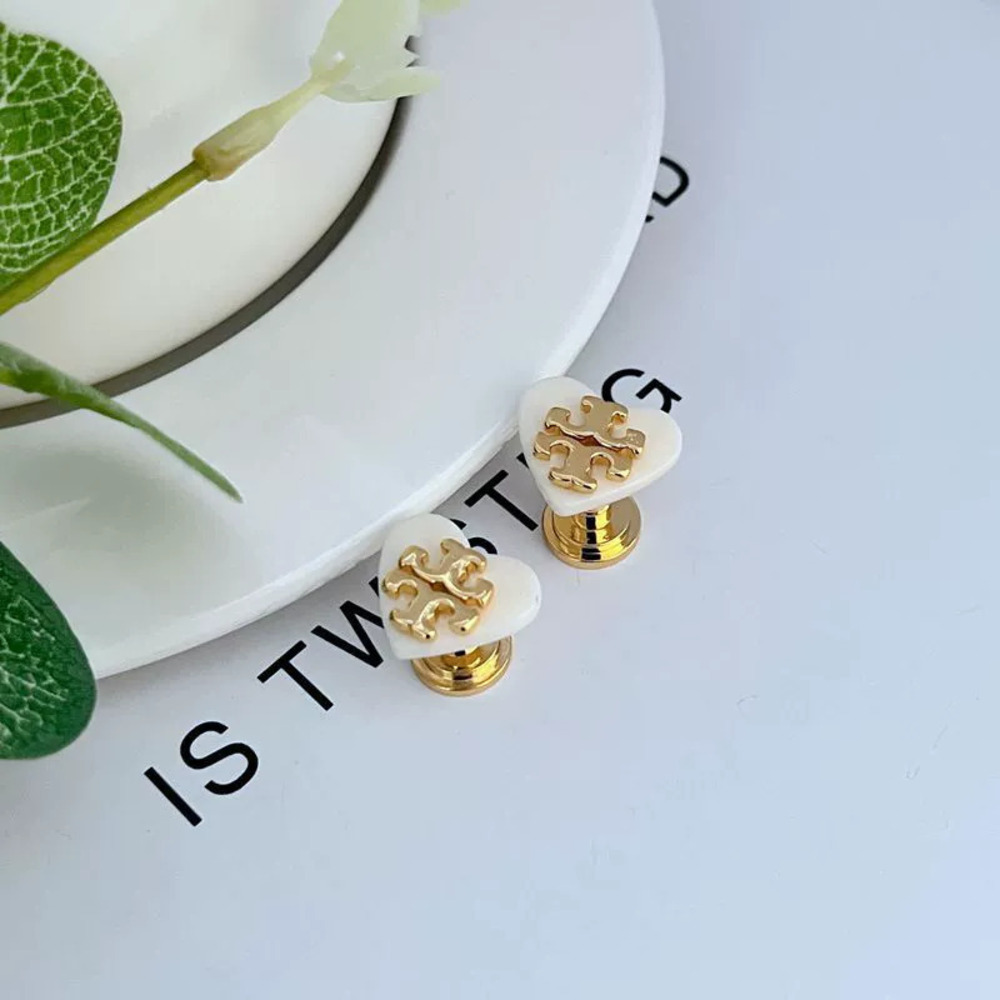 Tory Burch Trendy White Resin Heart Letter Metal Earrings
